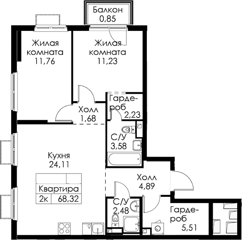 2-комнатная квартира 68.32 м², 5/15 эт., ЖК «Янинский лес»